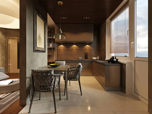 Contemporary kitchen with designer brown wood furniture, backlit and dining table. 3D rendering.