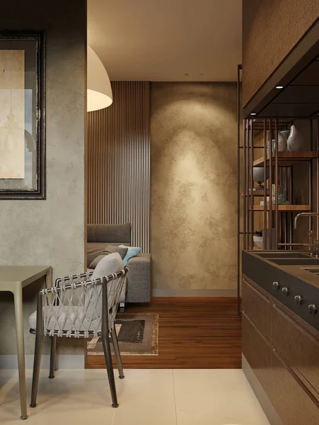 キッチンから現代的なロフトスタイルのリビングルームへの回廊 3Dレンダリング — ストック写真