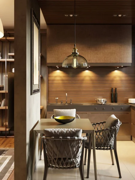 Dining room with contemporary style kitchen in dark brown studio apartments. Partition wall separating the living room and kitchen. 3D rendering.