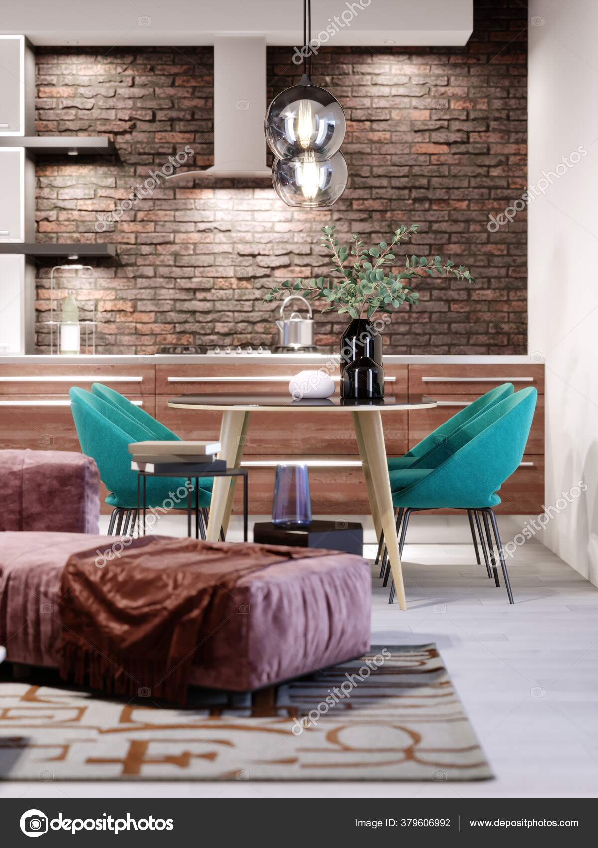 Newly Designed Kitchen Dining Room Loft Style Green Chairs Brick