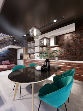 Yeni tasarlanmış mutfak, yemek odası, çatı katı tarzı, yeşil sandalyeler, tuğla duvar. 3B görüntüleme.