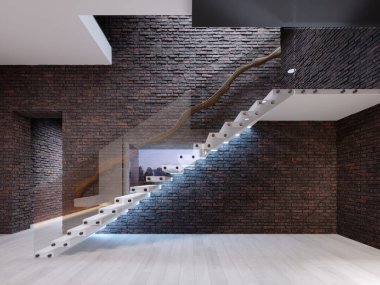 Oturma odasında modern tasarım merdivenleri, cam parmaklıklar ve tuğla duvarda beyaz bağımsız basamaklar. 3B görüntüleme.