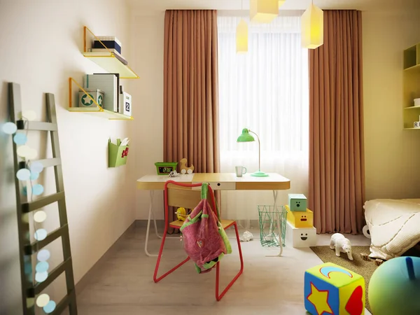 A multi-colored children\'s room with desk, a variety of designer toys and decor. Green, light green, brown, white. 3D rendering.