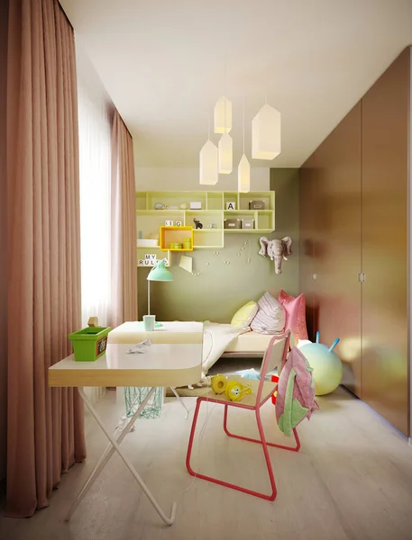 A multi-colored children\'s room with a bed and a desk, a variety of designer toys and decor. Green, light green, brown, white. 3D rendering.