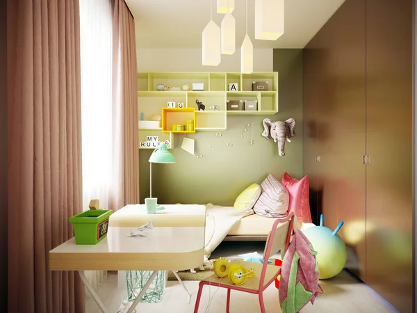ベッド デスク付きの多色の子供部屋 デザイナーのおもちゃや装飾品の様々な 3Dレンダリング — ストック写真