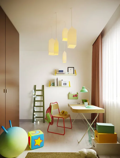 A multi-colored children\'s room with desk, a variety of designer toys and decor. Green, light green, brown, white. 3D rendering.
