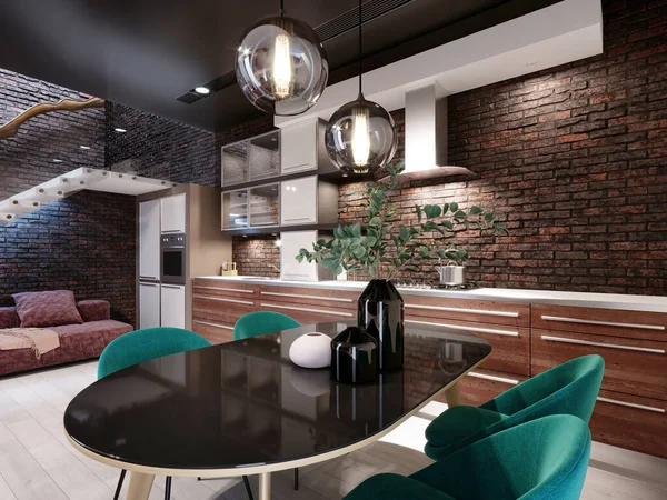 ダイニングルーム ロフトスタイル 緑の椅子 レンガの壁と新しく設計されたキッチン 3Dレンダリング — ストック写真