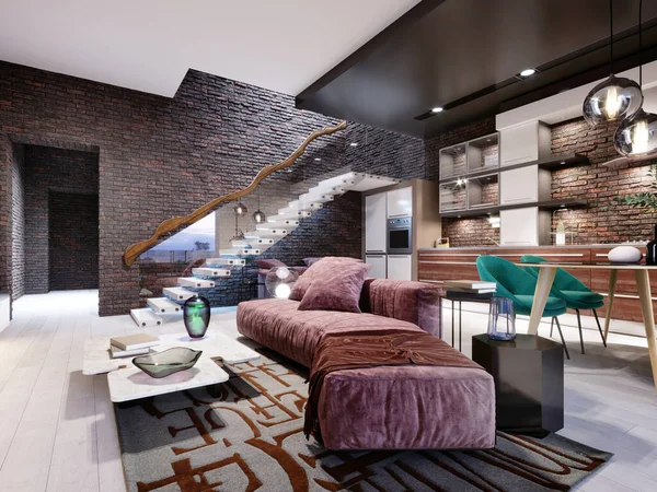 Studio Loft Design Staircase Dark Brick Wall Living Room Burgundy — Stock Photo, Image