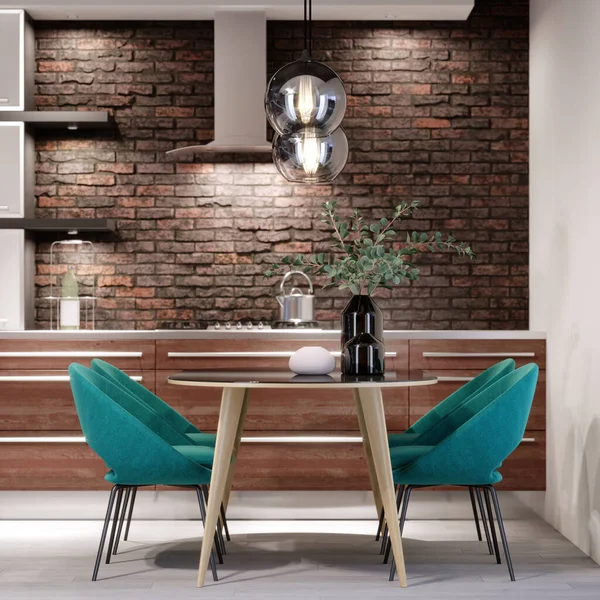 Cucina Nuova Concezione Con Sala Pranzo Stile Loft Sedie Verdi — Foto Stock