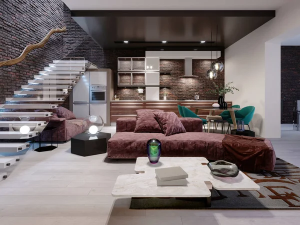 Studio Loft Design Staircase Dark Brick Wall Living Room Burgundy — Stock Photo, Image