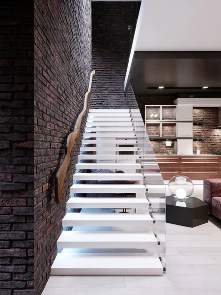 Oturma Odasında Modern Tasarım Merdivenleri Cam Parmaklıklar Tuğla Duvarda Beyaz — Stok fotoğraf