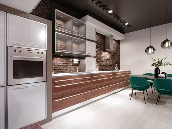 Πρόσφατα Σχεδιασμένη Κουζίνα Τραπεζαρία Στυλ Loft Πράσινες Καρέκλες Τοίχο Από — Φωτογραφία Αρχείου