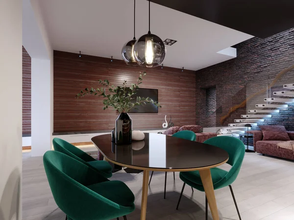 Cocina Nuevo Diseño Con Comedor Estilo Loft Sillas Verdes Pared —  Fotos de Stock