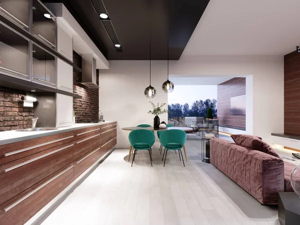 Cocina Nuevo Diseño Con Comedor Estilo Loft Sillas Verdes Pared — Foto de Stock