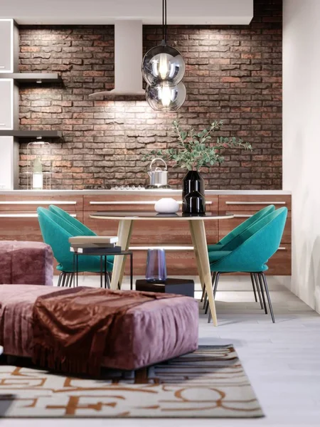 Cozinha Recém Projetada Com Sala Jantar Estilo Loft Cadeiras Verdes — Fotografia de Stock