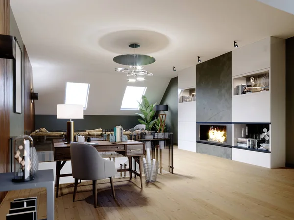 Modern Attic Living Space Sitting Area Large Corner Sofa Fireplace — Stock Photo, Image