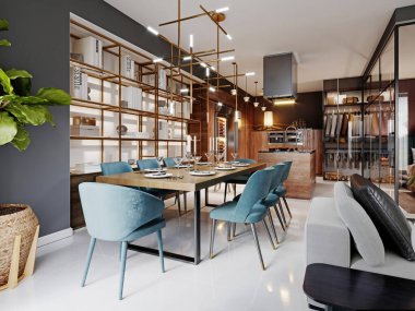 Moda tarzında modern yemek masası, stüdyo dairede yemek masası. Tahta masa üstü, kumaş mavisi sandalyeler. 3B görüntüleme.