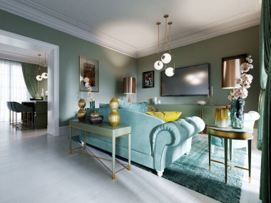 Nane renginde lüks bir oturma odası. Art Deco tarzı. Yumuşak bir kanepe ve iki koltuk, bir sehpa, bir televizyon ünitesi, bir konsol, bir zemin lambası. 3B görüntüleme.