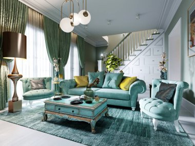 Nane renginde lüks bir oturma odası. Art Deco tarzı. Yumuşak bir kanepe ve iki koltuk, bir sehpa, bir televizyon ünitesi, bir konsol, bir zemin lambası. 3B görüntüleme.