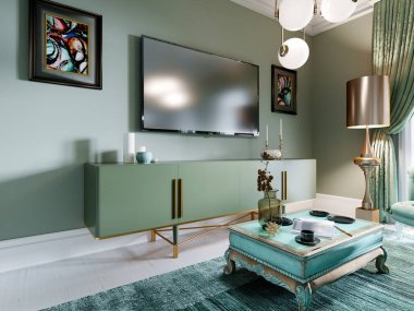 TV seti, TV, oturma odasında konsolu olan TV, fıstık rengi, yer lambası ve kahve masası. 3B görüntüleme.