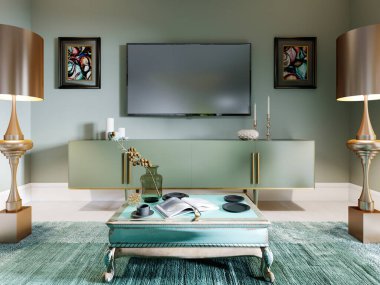 TV seti, TV, oturma odasında konsolu olan TV, fıstık rengi, yer lambası ve kahve masası. 3B görüntüleme.