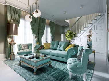 Nane renginde lüks bir oturma odası. Art Deco tarzı. Yumuşak bir kanepe ve iki koltuk, bir sehpa, bir televizyon ünitesi, bir konsol, bir zemin lambası. 3B görüntüleme.