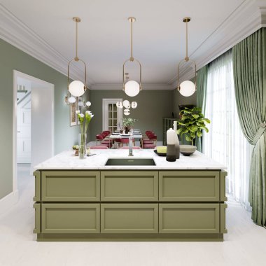 Dekor ve lambalarla süslenmiş mutfak şam fıstığı rengi. 3B görüntüleme