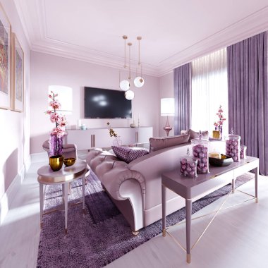 Moda döşenmiş mobilya, televizyon standı, konsol, dekorlu dergi masalı modern sanat deco oturma odası. 3B görüntüleme.