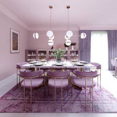 Modern mobilyaları, masa ve sandalyeleri olan modaya uygun sanat deco tarzında leylak renkli yemek odası. 3B görüntüleme.