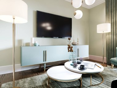 Konsolun üstündeki duvarda iki tane lamba ve dekor var. Sanat deco tarzında oturma odası. 3B görüntüleme.