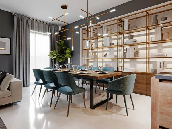 时尚风格的大型现代餐桌 工作室公寓的用餐区 木制桌面 蓝色椅子 3D渲染 — 图库照片