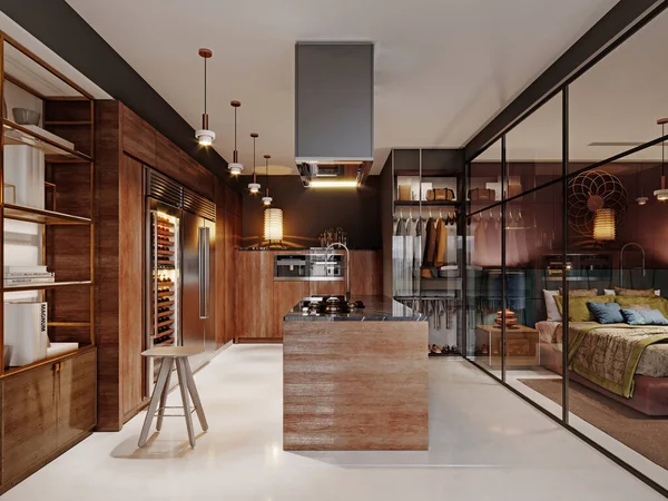 Cucina Lusso Stile Moderno Con Mobili Legno Contemporaneo Isola Con — Foto Stock