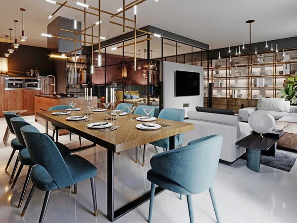 时尚风格的大型现代餐桌 工作室公寓的用餐区 木制桌面 蓝色椅子 3D渲染 — 图库照片