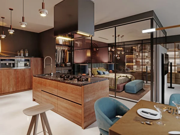 Gaya Modern Dapur Mewah Dengan Furnitur Kayu Kontemporer Dan Pulau — Stok Foto