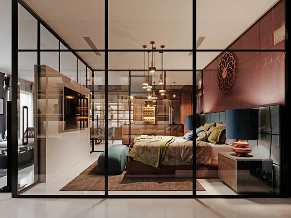 Modern bedroom behind glass in a studio room. Burgundy walls, a luxurious bed, a TV unit, a large corner sofa. 3D rendering.