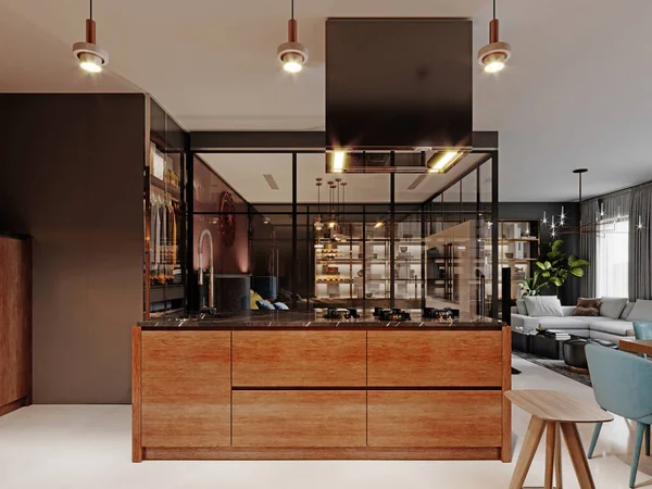 Lujosa Cocina Estilo Moderno Con Muebles Contemporáneos Madera Isla Con —  Fotos de Stock