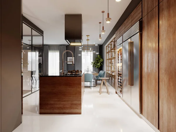 Luxusní Moderní Kuchyň Dřevěným Moderním Nábytkem Ostrovem Kapucí Burgundské Šedé — Stock fotografie