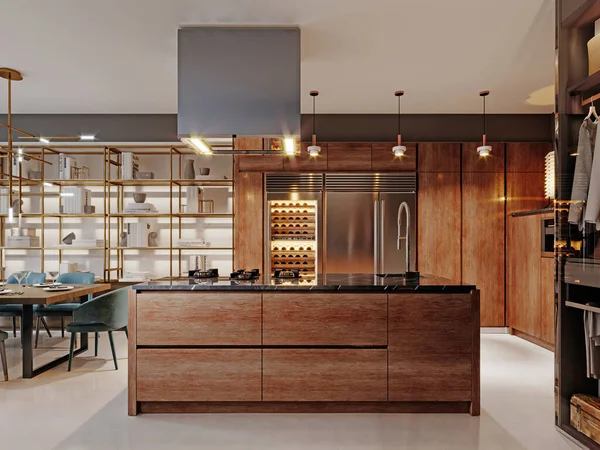 奢华的厨房 现代风格 木制的现代家具和带帽檐的岛屿 勃艮第灰墙 黑色花岗岩台面 演播室公寓3D渲染 — 图库照片