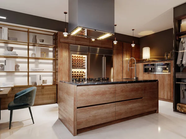 Luxuriöse Küche Modernen Stil Mit Modernen Holzmöbeln Und Insel Mit — Stockfoto