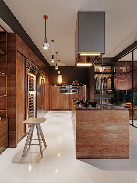 Роскошная кухня в современном стиле с деревянной современной мебелью и островом с вытяжкой. Бургундские серые стены, черные гранитные столешницы. Однокомнатная. 3D рендеринг
.