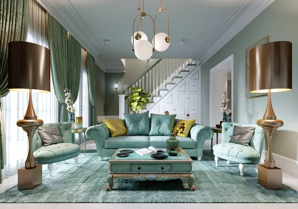 Luxusní Interiér Obývacího Pokoje Mátových Barvách Art Deco Styl Měkká — Stock fotografie