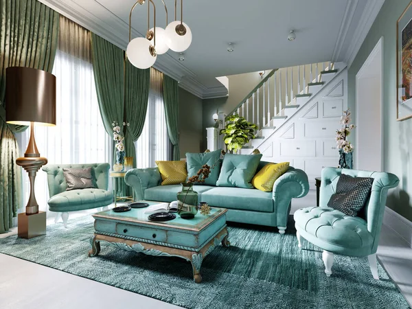 Luxury Living Room Interior In Mint Colors Art Deco Style A Soft Sofa And Two Armchairs A Coffee Table A Tv Unit A Console A Floor Lamp 3d Rendering Stock Images