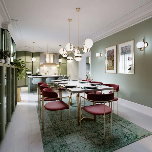 Dining area with dining table, turquoise chairs, white marble countertop, served table. Large dining room kitchen in mint colors. 3D rendering.