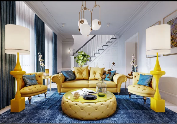 Luxusní Módní Obývací Pokoj Žlutým Čalouněným Nábytkem Modrým Kobercem Výzdobou — Stock fotografie