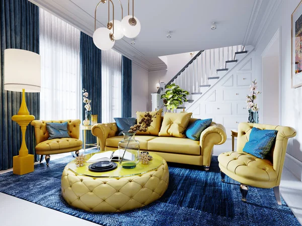 Luxurious fashionable living room with yellow upholstered furniture and blue carpet and decor, white walls. 3D rendering
