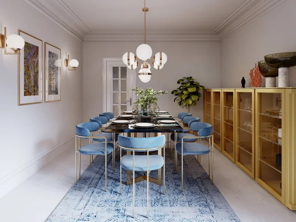 Table Salle Manger Design Mode Comptoir Noir Chaises Bleues Meubles — Photo