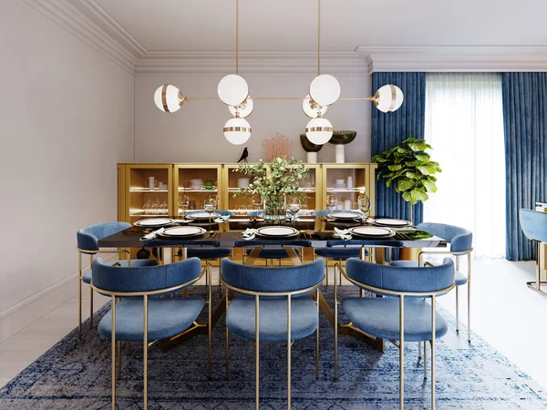 Table Salle Manger Design Mode Comptoir Noir Chaises Bleues Meubles — Photo