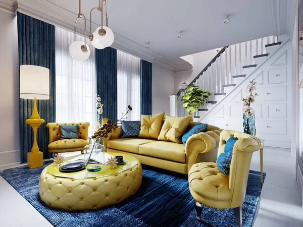 Luxusní Módní Obývací Pokoj Žlutým Čalouněným Nábytkem Modrým Kobercem Výzdobou — Stock fotografie