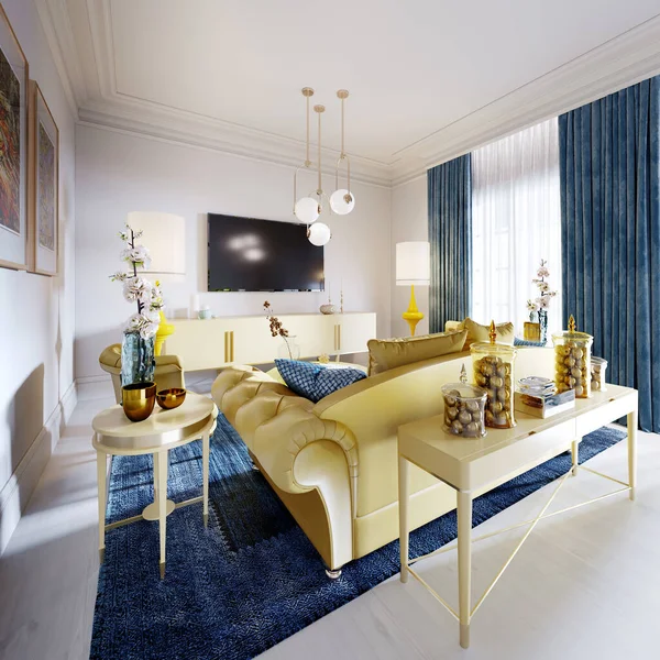 Luxusní Módní Obývací Pokoj Žlutým Čalouněným Nábytkem Modrým Kobercem Dekorem — Stock fotografie