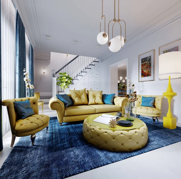 Luxueux Salon Mode Avec Meubles Rembourrés Jaunes Tapis Décoration Bleus — Photo